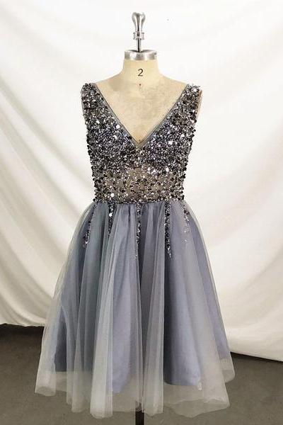 Charming Grey Beaded Sparkle Backless Homecoming Dress, Grey Handmade Party Dress