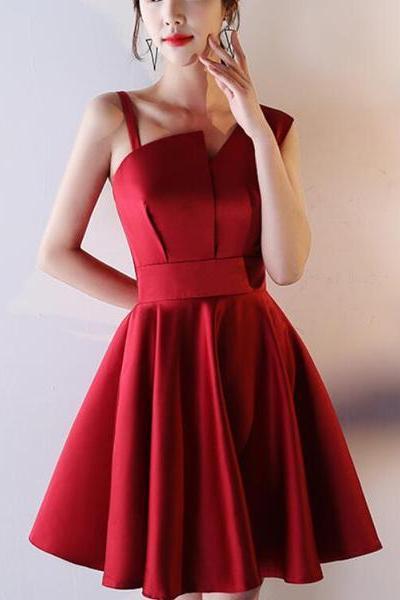 Beautiful Dark Red Satin One Shoulder Mini Party Dress, Wine Red Homecoming Dress