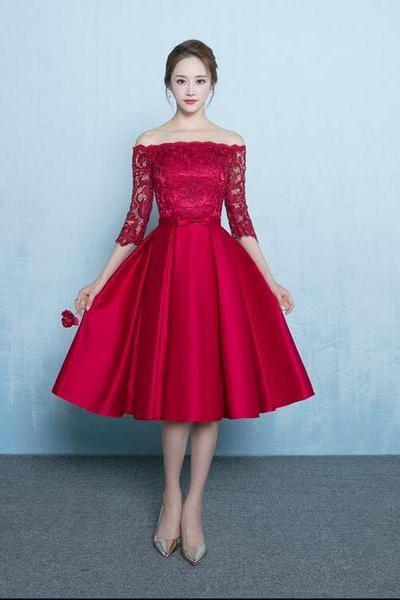 Cute Red Off Shoulder Lace And Stain Short Prom Dress, Red Bridesmaid Dress