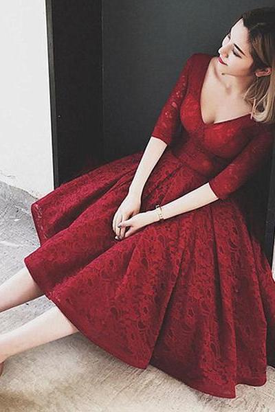 Lovely V Neck Half Sleeves Wine Red Lace Homecoming Dress, Tea Length Prom Dress
