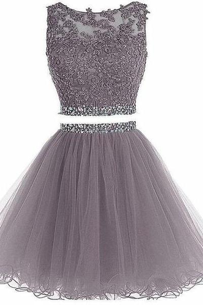 Lovely Grey Tulle Two Piece Homecoming Dress, Short Prom Dress