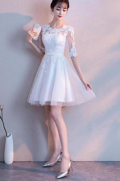 Beautiful White Tulle With Lace Top Short Sleeves Party Dress, Graduation Dress
