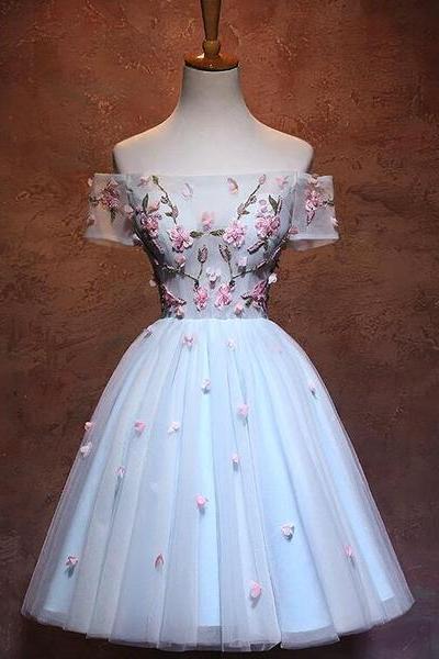 Lovely Light Blue Tulle Knee Length Homecoming Dress, Cute Floral Party Dress