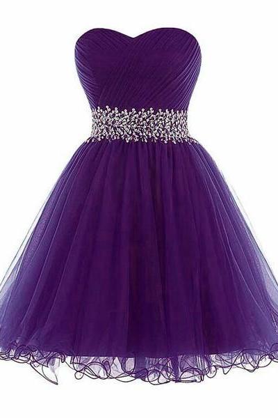 Beautiful Tulle Sweetheart Lace-up Beaded Homecoming Dress, Purple Short Prom Dress