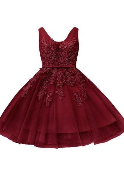 Lovely Wine Red Tulle Homecoming Dress With Lace Applique, Short Prom Dress