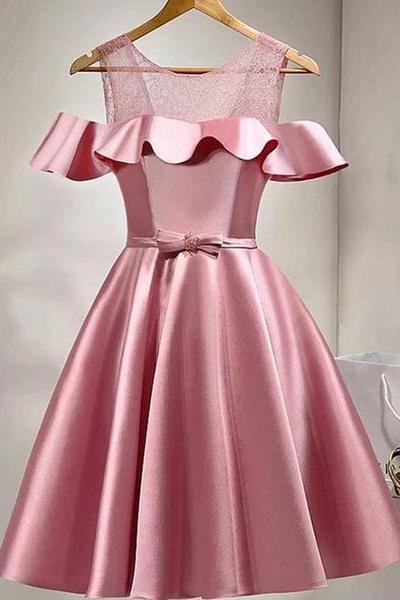 Lovely Pink Satin And Lace Party Dress, Off The Shoulder Homecoming Dress