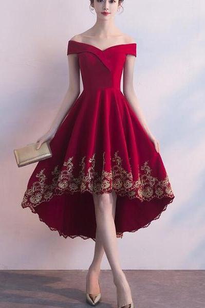 Wine Red High Low Party Dress With Gold Applique, Stylish Formal Dress, Cute Party Dress