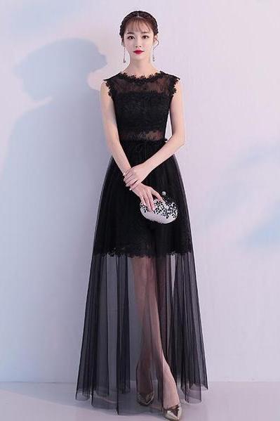 Black Tulle And Lace See Through Long Party Dress, Black Evening Dress