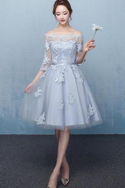 Lovely Grey Tulle Homecoming Dress With Lace, Short Party Dress