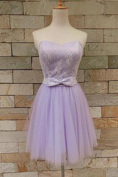 Beautiful Lavender Tulle And Lace Cute Party Dress, Sweetheart Party Dress With Bow
