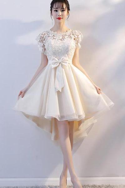 Lovely Champagne Lace High Low Party Dress, Cute Tulle Prom Dress