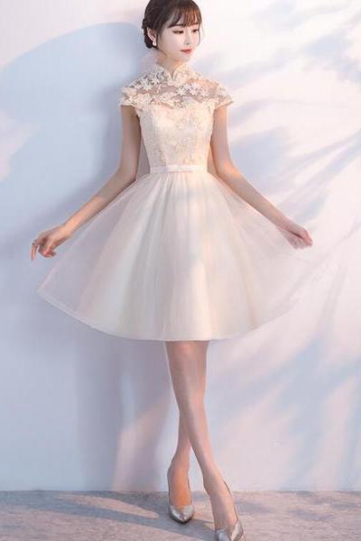 Cute Lace And Tulle Lovely Champagne Short Party Dress, Homecoming Dress