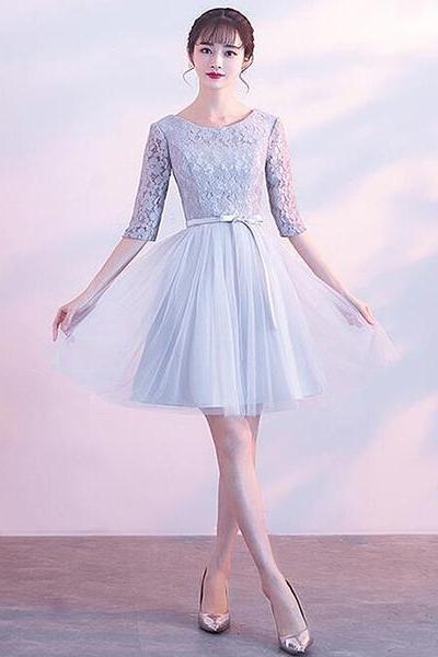 Light Grey Short Sleeves Lace And Tulle Party Dress, Simple Wedding Party Dress