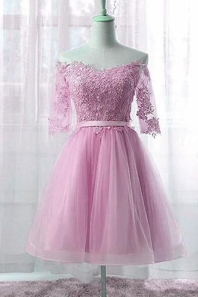 Cute Pink Style Party Dress With Lace Applique, Short Prom Dress