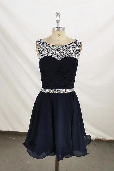 Navy Blue Beaded Short Chiffon Homecoming Dress, Blue Prom Dress
