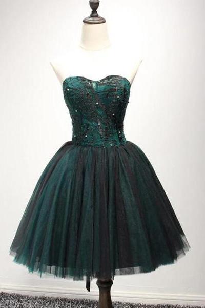 Beautiful Dark Green And Black Tulle Short Party Dress, Homecoming Dresses