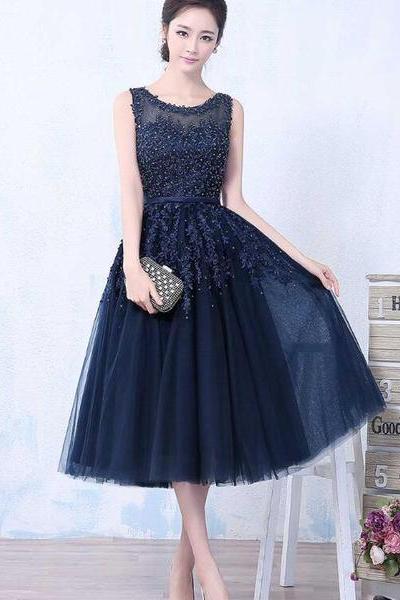 Elegant Vintage Style Tea Length Bridesmaid Dress, Navy Blue Party Dress