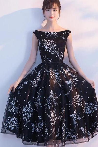 Black Floral Tea Length Evening Party Dress, Black Formal Dress