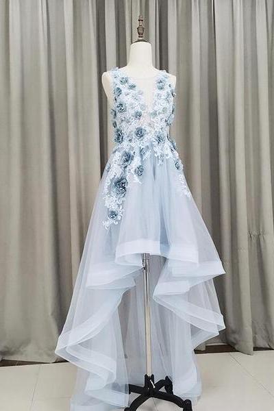 Light Blue Tulle Flowers High Low Party Dress , Blue Prom Dress
