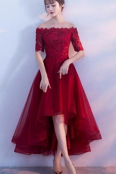 Charming Wine Red High Low Party Dress, Burgundy Prom Dress