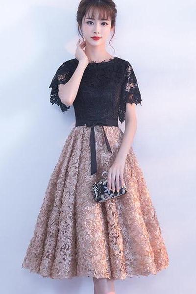 Lovely Black Lace Top Tea Length Party Dress, Black Prom Dress