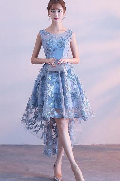 Cute Lace Blue Round Neckline Style Party Dress, Lace Prom Dress