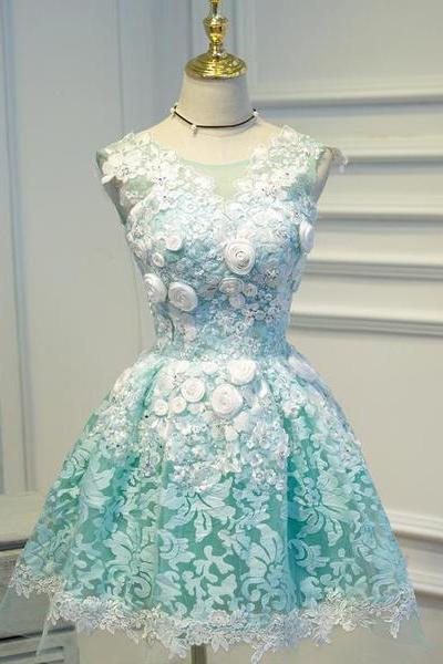 Lovely Green Lace With Floral Party Dress, Cute Short Prom Dress