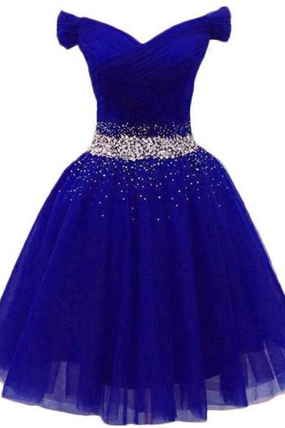 Charming Royal Blue Tulle Party Dress, Beaded Short Homecoming Dress