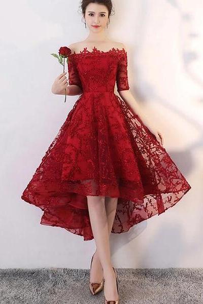 Beautiful Wine Red Lace Party Dress, High Low Prom Dress