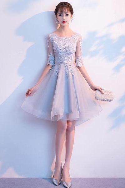 Light Grey Short Sleeves Tulle With Lace Party Dress, Bridesmaid Dress