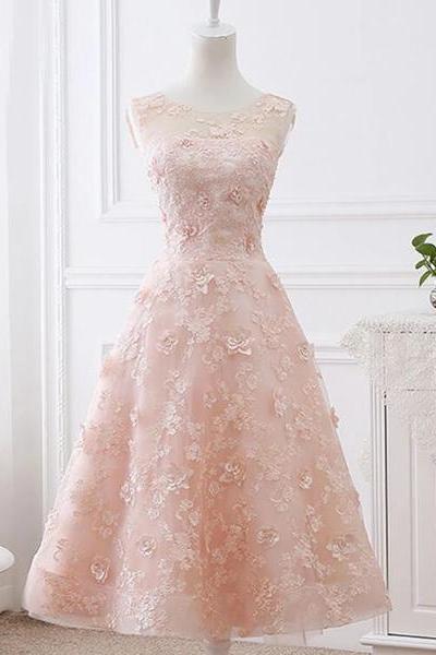 Charming Tea Length Light Pink Lace Wedding Party Dress, Pink Party Dress