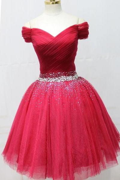 Charming Red Off Shoulder Tulle Short Party Dress, A-line Prom Dress