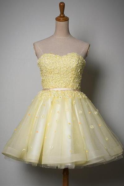 Cute Light Yellow Tulle Sweetheart Short Party Dress, Homecoming Dress