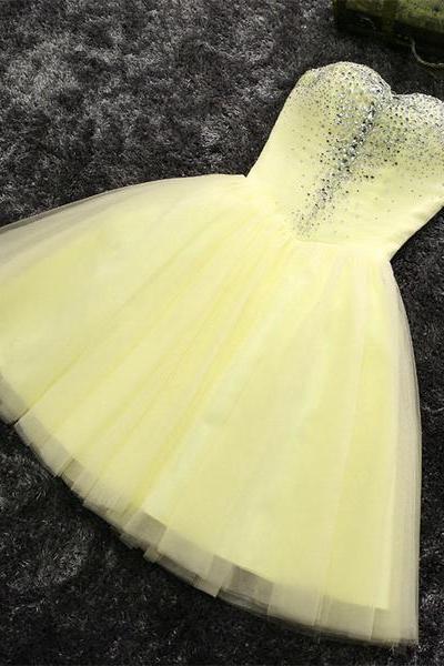Adorable Yellow Beaded Short Prom Dress, Tulle Homecoming Dress