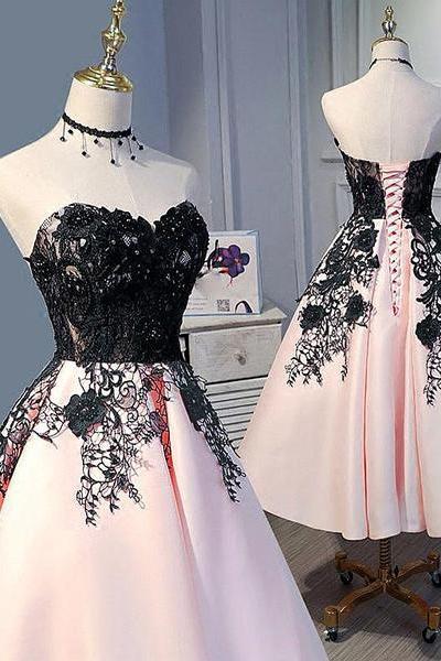 Cute Pearl Pink Tea Length Satin With Lace Applique Party Dress, Homecoming Dress