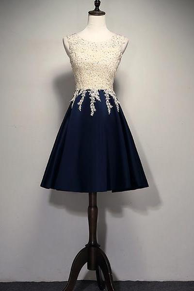 Cute Navy Blue Short Prom Dress , Homecoming Dress With Lace Applique