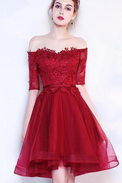 Beautiful Wine Red Lace And Tulle Short Sleeves Party Dress, Dark Red Homecoming Dress