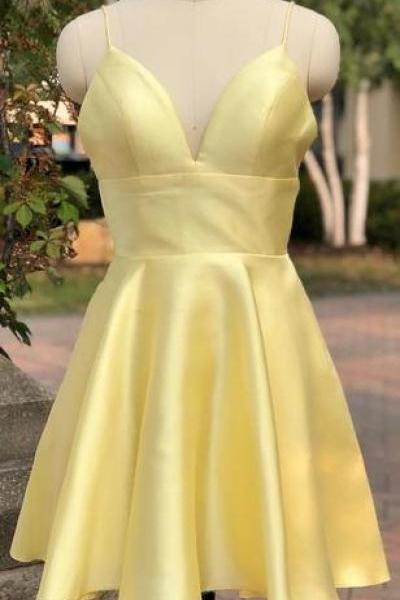 Cute Yellow Satin Short Straps Party Dress,homecoming Dress