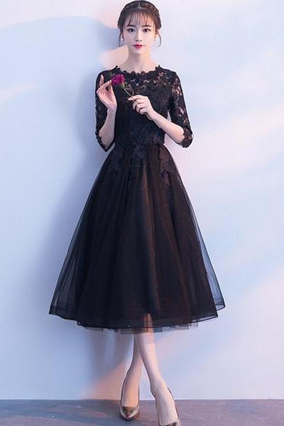 Beautiful Black Tulle Tea Length Party Dress, Black Bridesmaid Dress