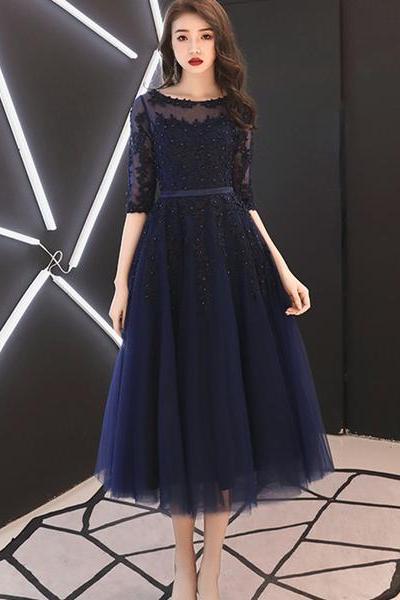 Charming Navy Blue Round Neckline Party Dress With Sleeves, Prom Dress