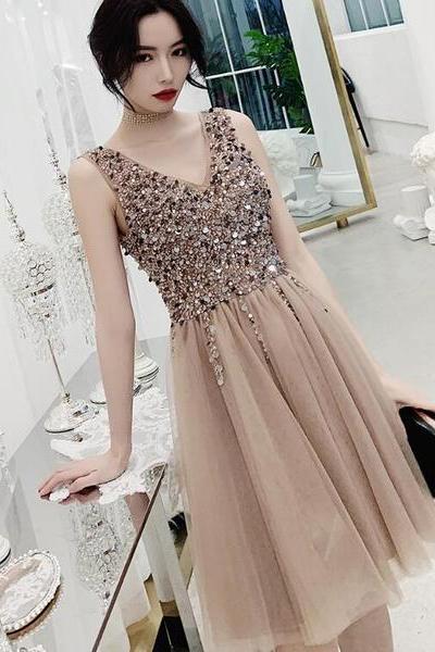 Charming Beaded Short V-neckline Tulle Party Dress, Sequins Homecoming Dress