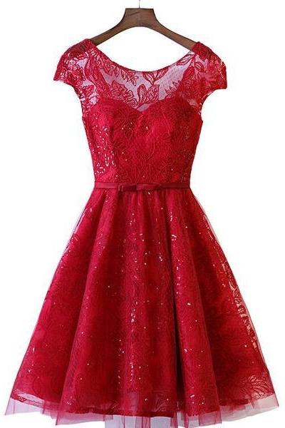 Lovely Dark Red Lace Cap Sleeves Short Party Dress, Wine Red Formal Dress