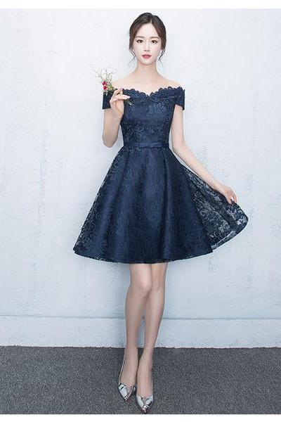 Lovely Blue Lace Short Party Dress, Lace Formal Dress