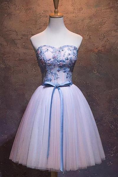 Lovely Pink Tulle Sweetheart Formal Dress With Lace, Cute Short Homecoming Dress
