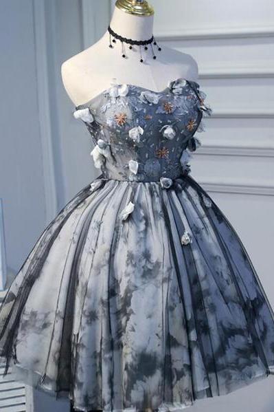 Unique Grey Floral Sweetheart Short Party Dress, Homecoming Dress