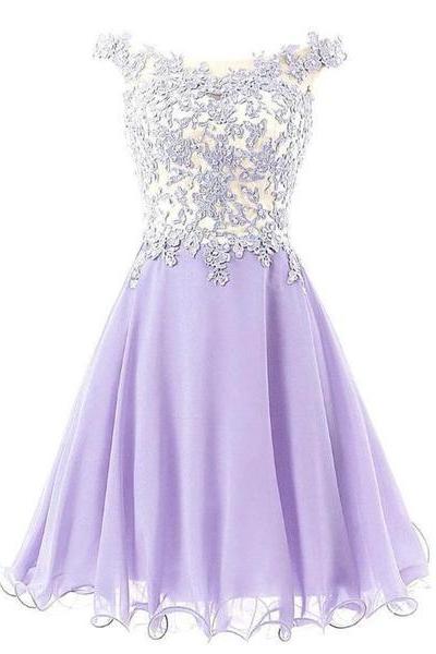 Short Chiffon And Lace Applique Party Dress, Lavender Short Prom Dresses