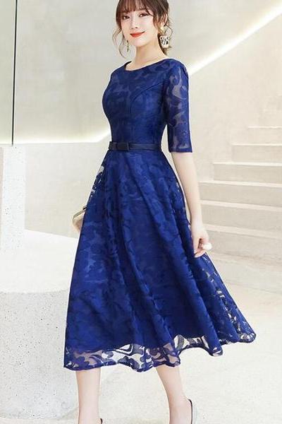 Fashionable Lace Blue Short Sleeves Bridesmaid Dress, Wedding Party Dress