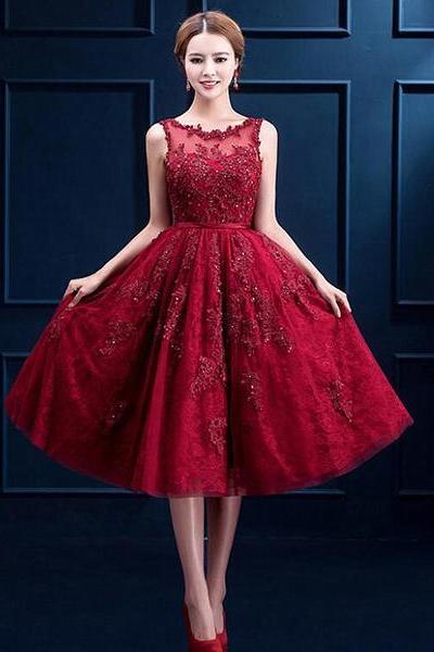 Wine Red High Quality Tulle With Lace Party Dress, Bridesmaid Dress