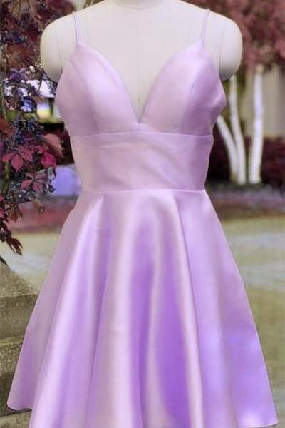Cute Short Lavender Straps Satin Prom Dress, Homecoming Dress