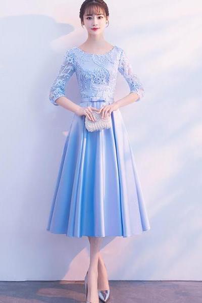 Light Blue Satin Tea Length Bridesmaid Dress, Short Sleeves Party Dress